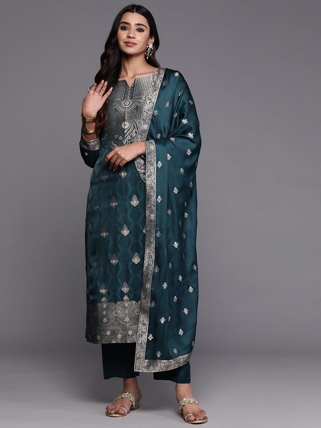 Libas Art Teal Embroidered Silk Straight Kurta With Trousers & Dupatta - Libas