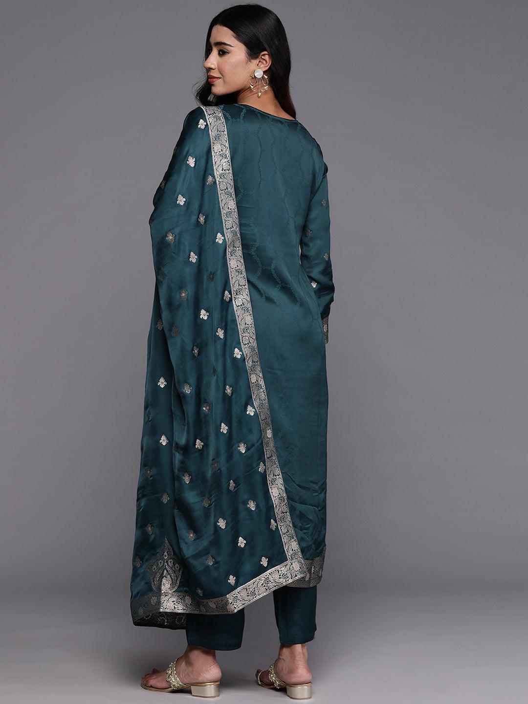 Libas Art Teal Embroidered Silk Straight Kurta With Trousers & Dupatta - Libas