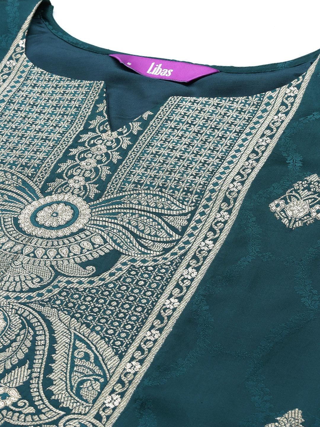 Libas Art Teal Embroidered Silk Straight Kurta With Trousers & Dupatta - Libas 