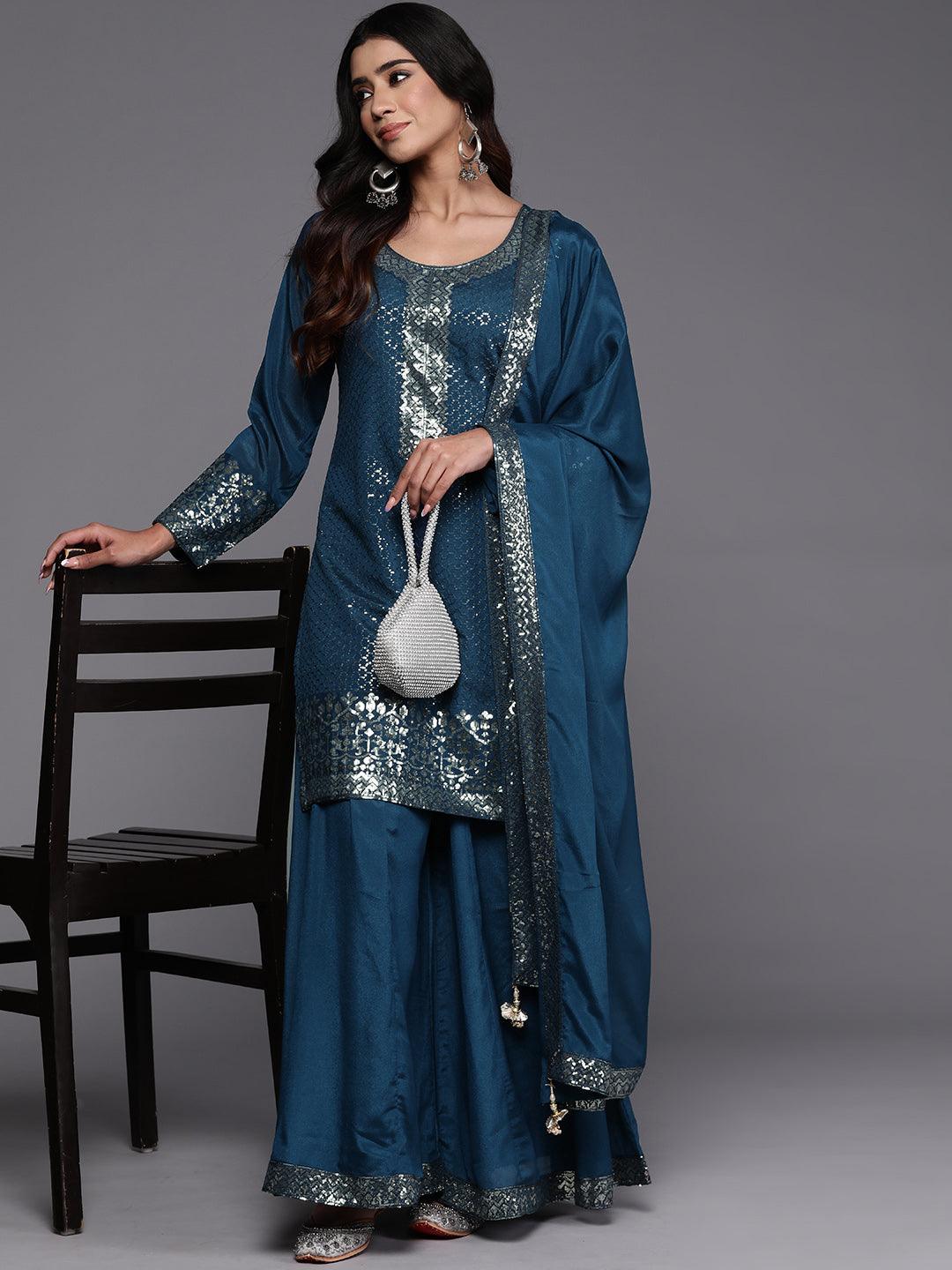 Libas Art Teal Self Design Georgette Straight Kurta With Palazzos & Dupatta - Libas 