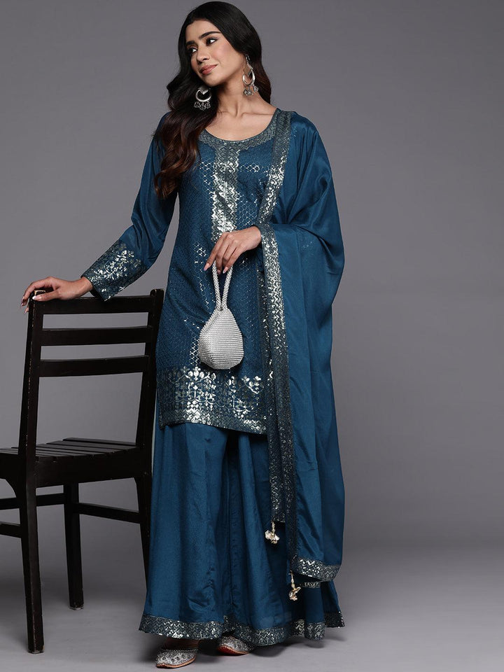 Libas Art Teal Self Design Georgette Straight Kurta With Palazzos & Dupatta - Libas