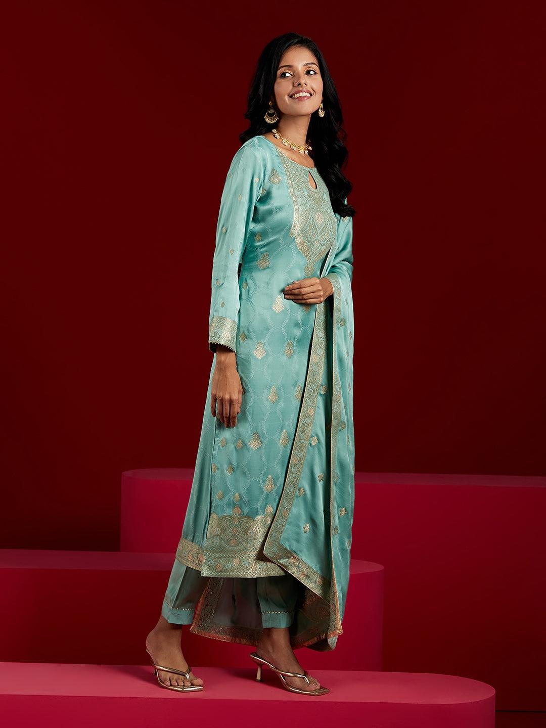 Libas Art Turquoise Self Design Silk Straight Kurta With Trousers & Dupatta - Libas