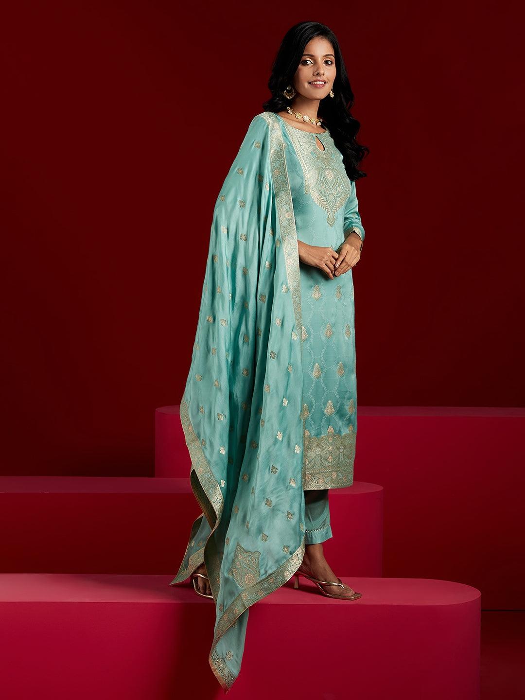 Libas Art Turquoise Self Design Silk Straight Kurta With Trousers & Dupatta - Libas