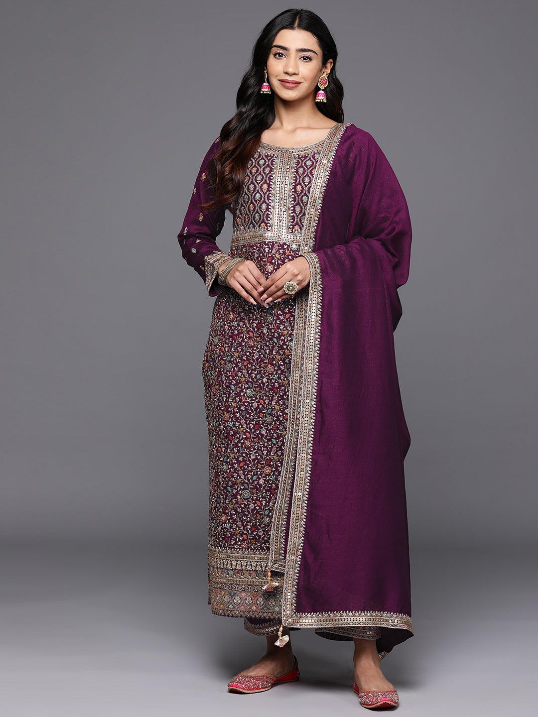 Libas Art Wine Embroidered Silk Blend Straight Kurta With Trousers & Dupatta - Libas 