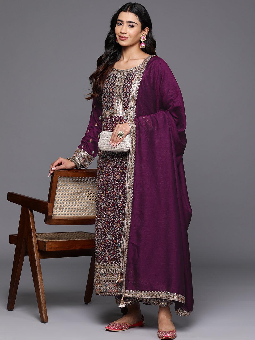 Libas Art Wine Embroidered Silk Blend Straight Kurta With Trousers & Dupatta - Libas