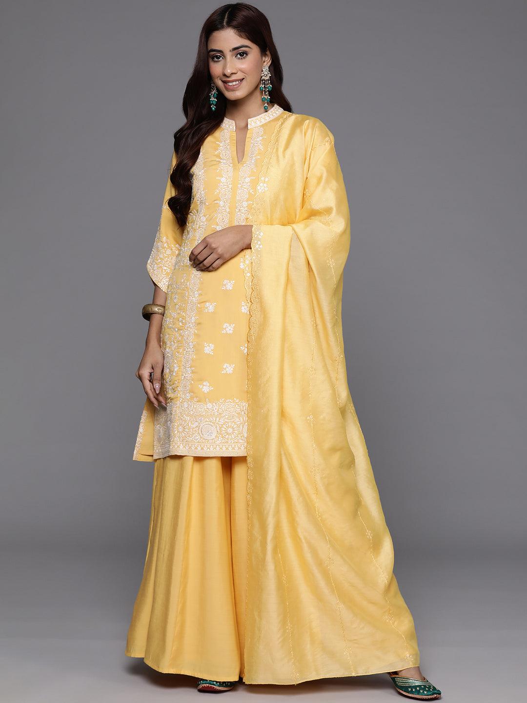 Libas Art Yellow Embroidered Silk Blend Straight Kurta With Palazzos & Dupatta - Libas