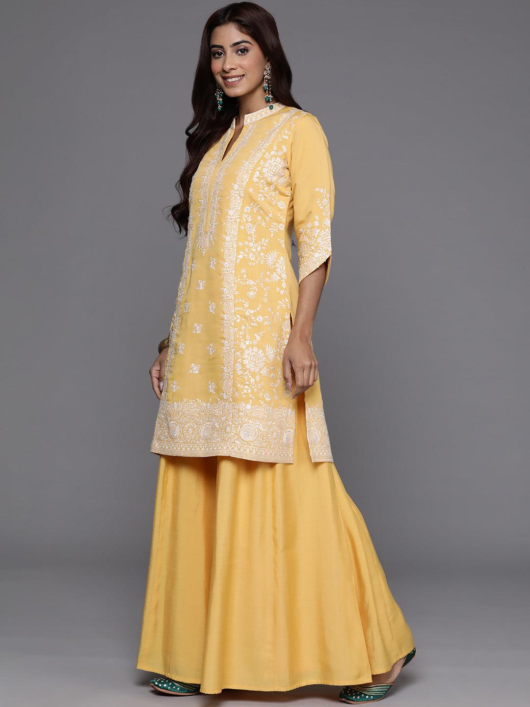 Libas Art Yellow Embroidered Silk Blend Straight Kurta With Palazzos & Dupatta - Libas 