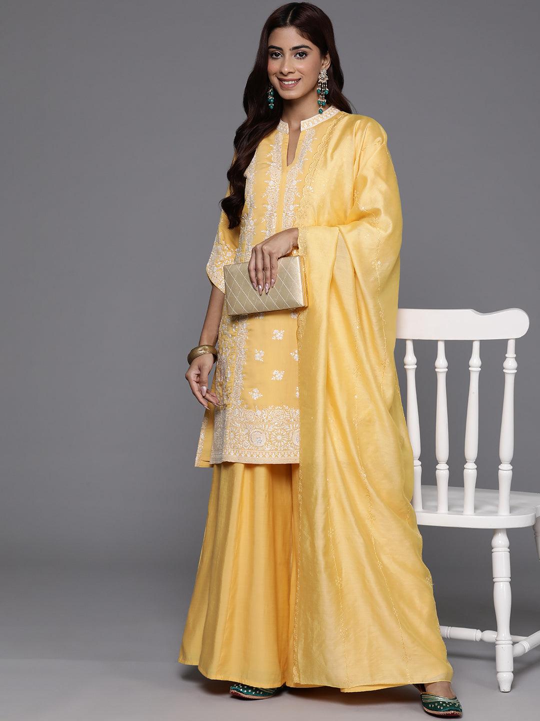 Libas Art Yellow Embroidered Silk Blend Straight Kurta With Palazzos & Dupatta - Libas 