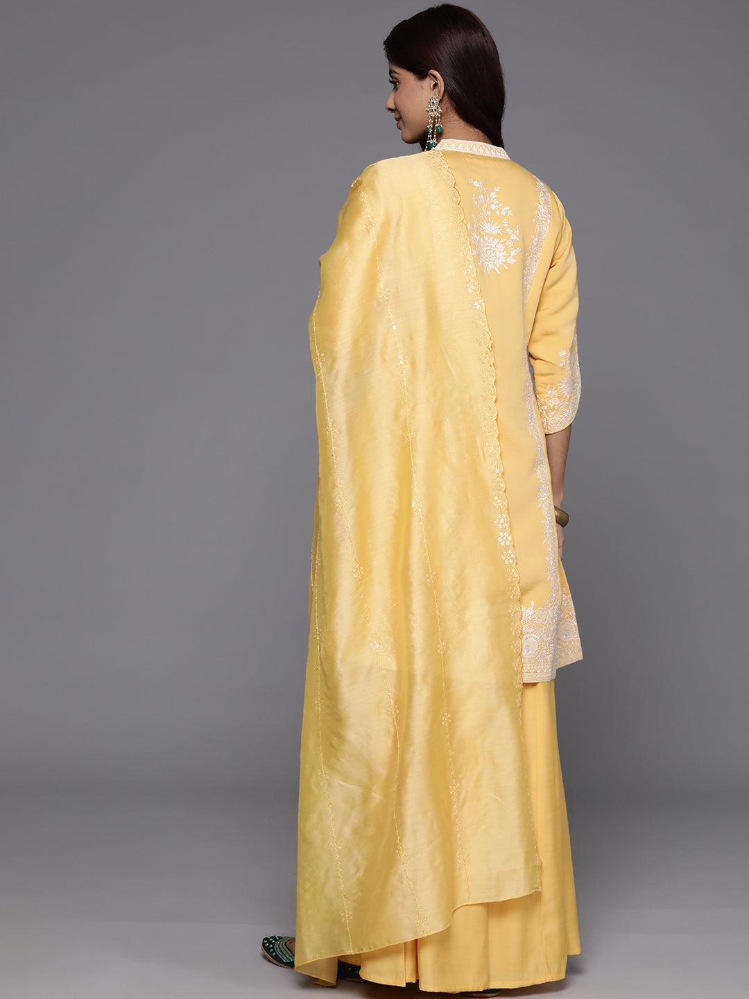 Libas Art Yellow Embroidered Silk Blend Straight Kurta With Palazzos & Dupatta - Libas 