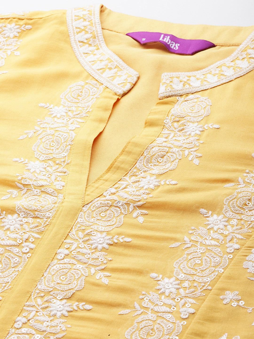 Libas Art Yellow Embroidered Silk Blend Straight Kurta With Palazzos & Dupatta - Libas