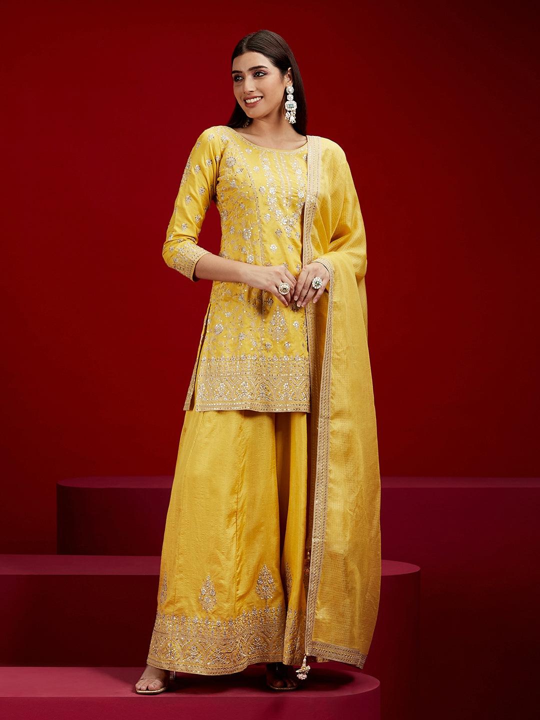 Libas Art Yellow Embroidered Silk Straight Kurti With Palazzos & Dupatta - Libas