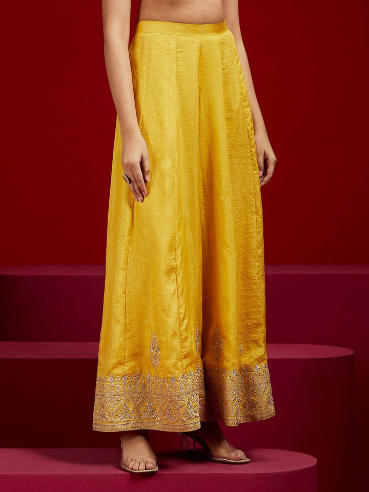 Libas Art Yellow Embroidered Silk Straight Kurti With Palazzos & Dupatta - Libas