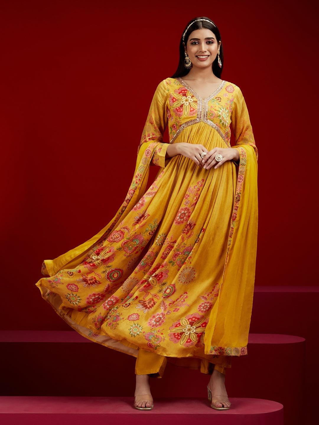 Libas Art Yellow Printed Silk Chiffon Anarkali Kurta With Trousers & Dupatta - Libas 