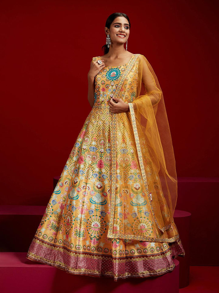 Libas Art Yellow Printed Silk Gown - Libas