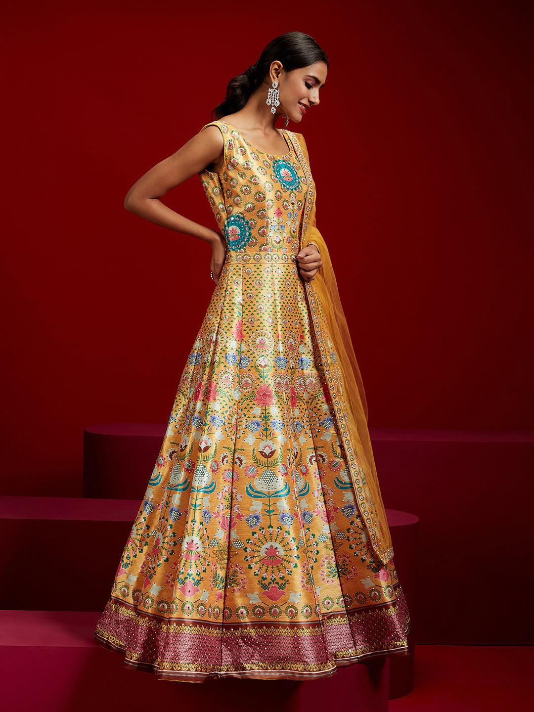 Libas Art Yellow Printed Silk Gown - Libas