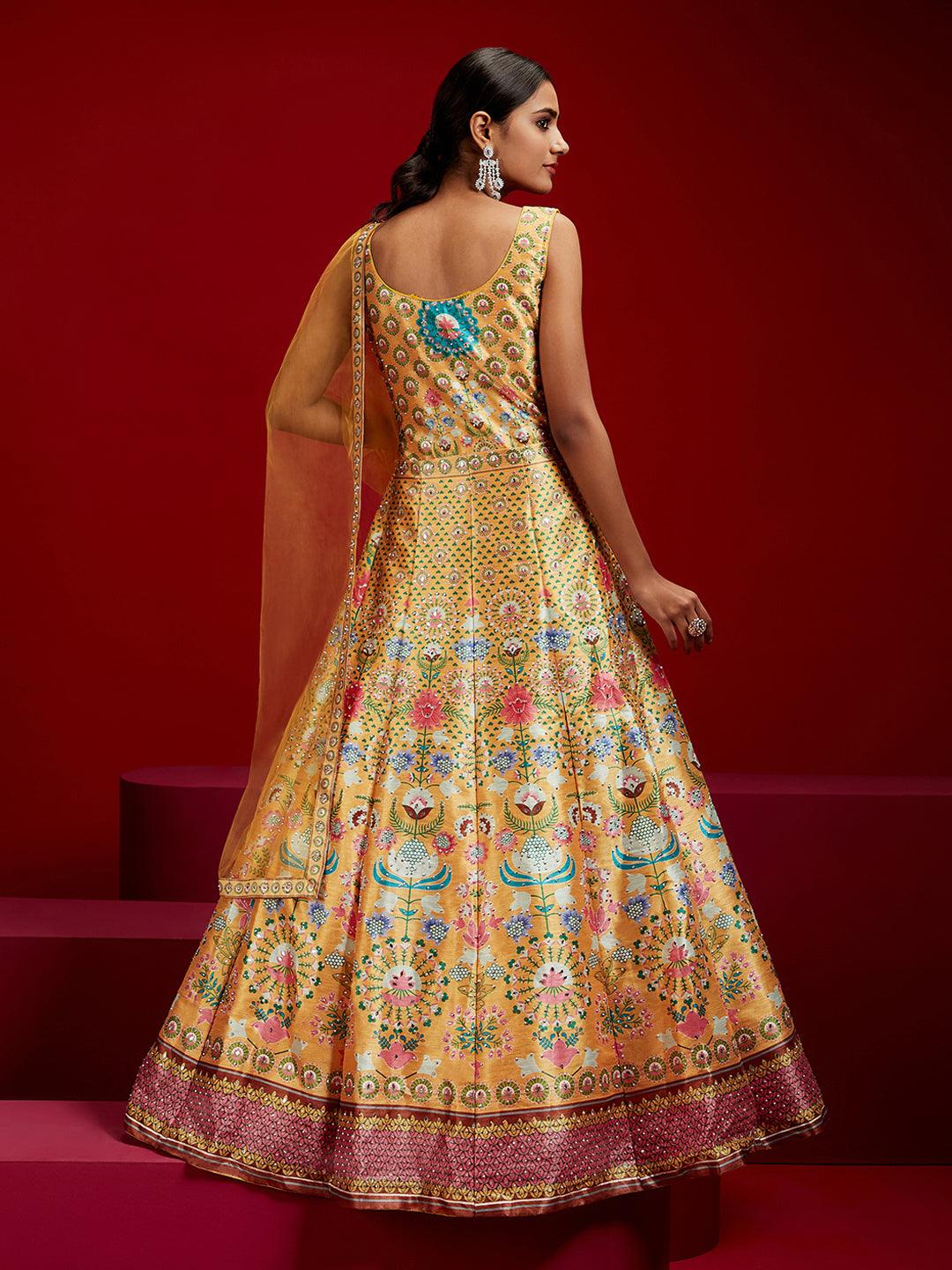 Libas Art Yellow Printed Silk Gown - Libas