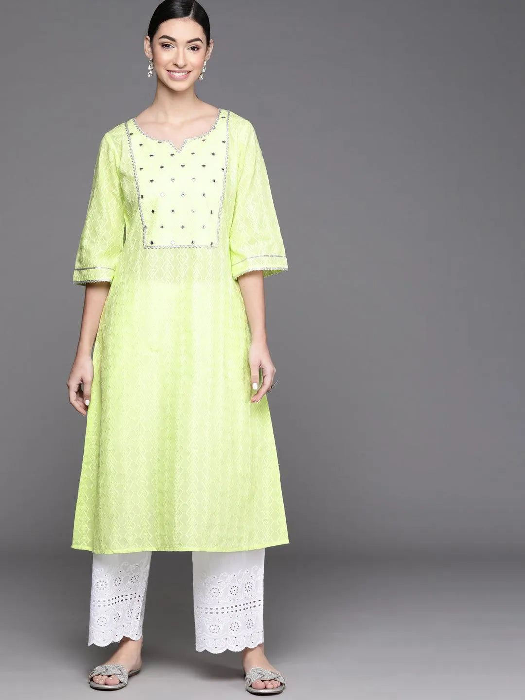 Lime Green Embroidered Cotton Kurta - Libas