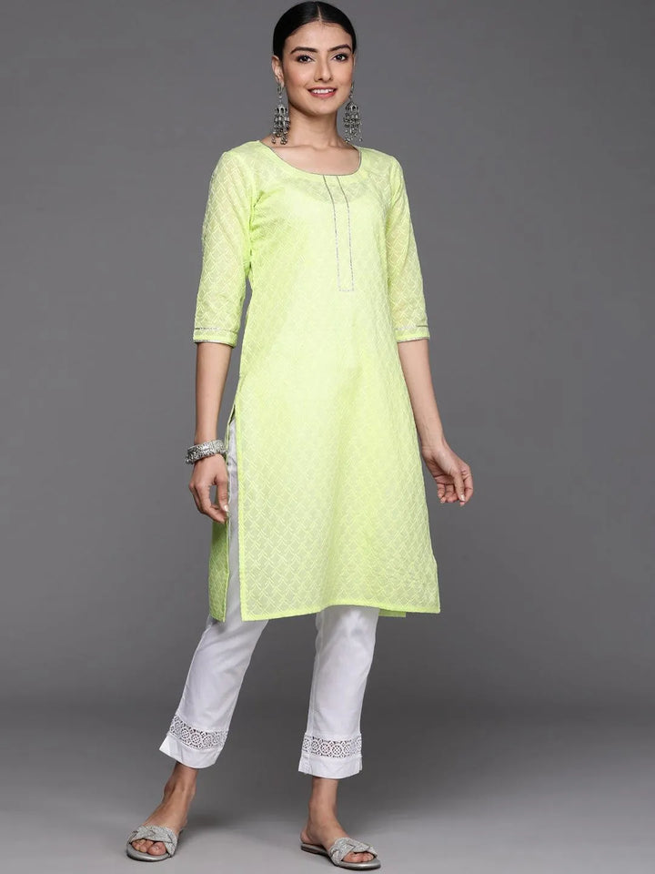 Lime Green Embroidered Cotton Kurta - Libas