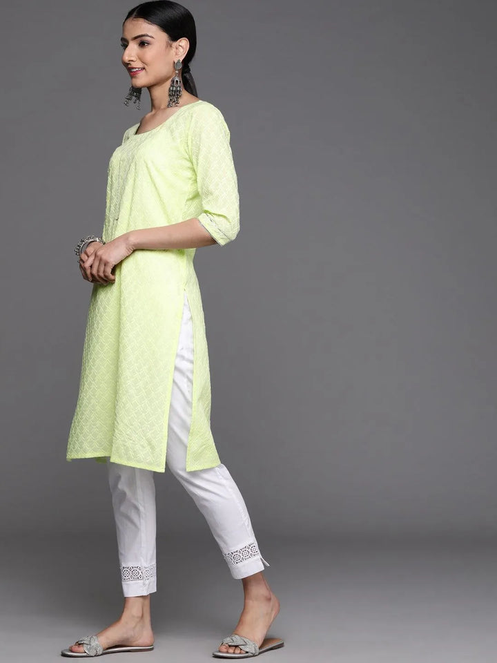 Lime Green Embroidered Cotton Kurta - Libas