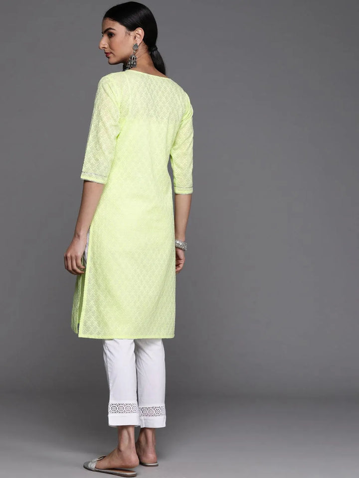 Lime Green Embroidered Cotton Kurta - Libas