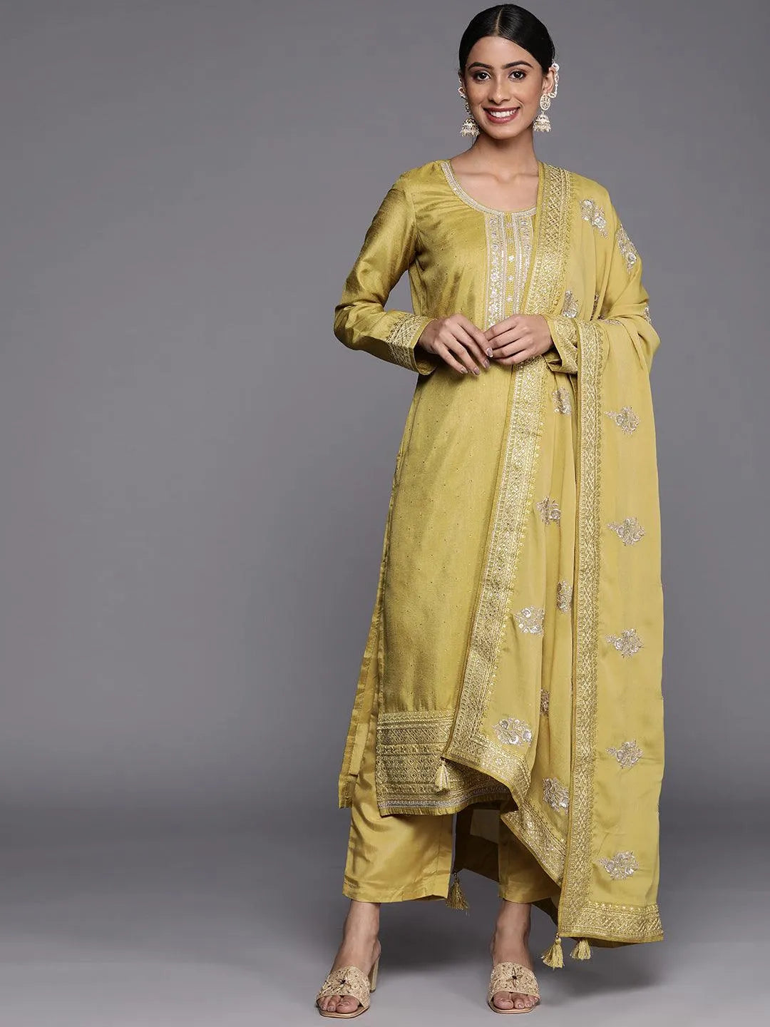 Lime Green Embroidered Silk Blend Straight Suit Set - Libas 