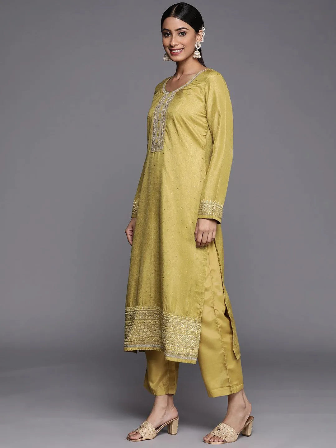 Lime Green Embroidered Silk Blend Straight Suit Set - Libas