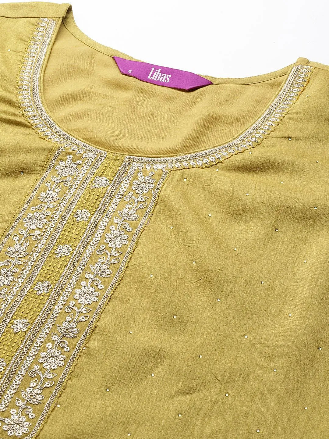 Lime Green Embroidered Silk Blend Straight Suit Set - Libas 