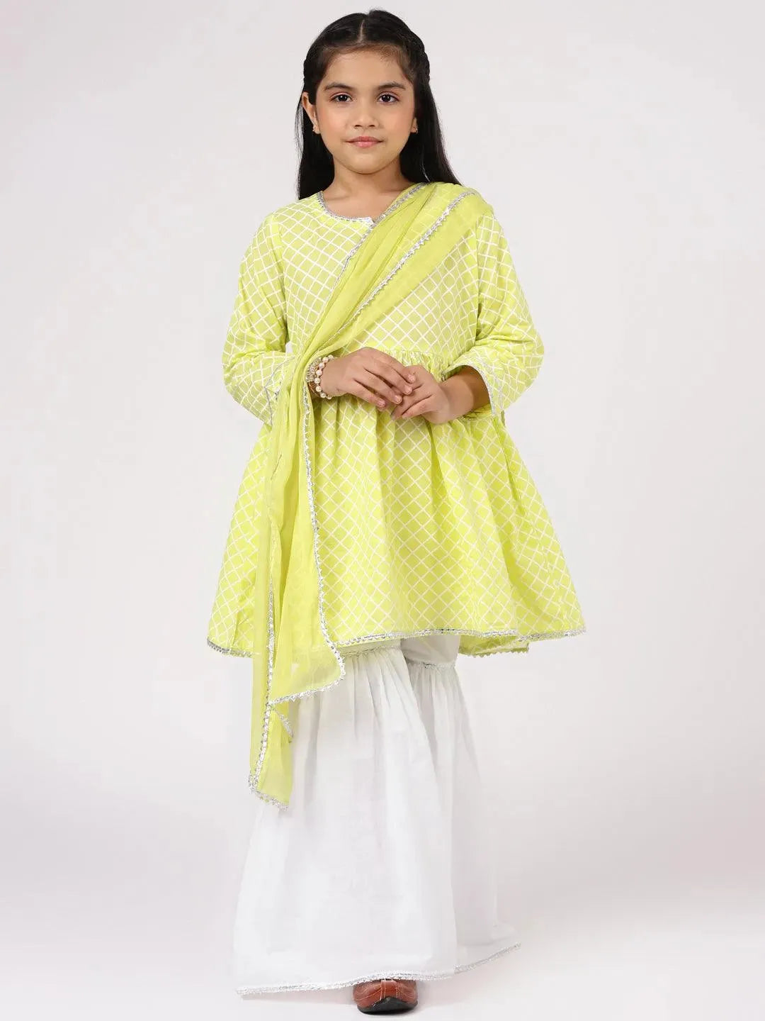 Lime Green Printed Cotton A-Line Suit Set - Libas 