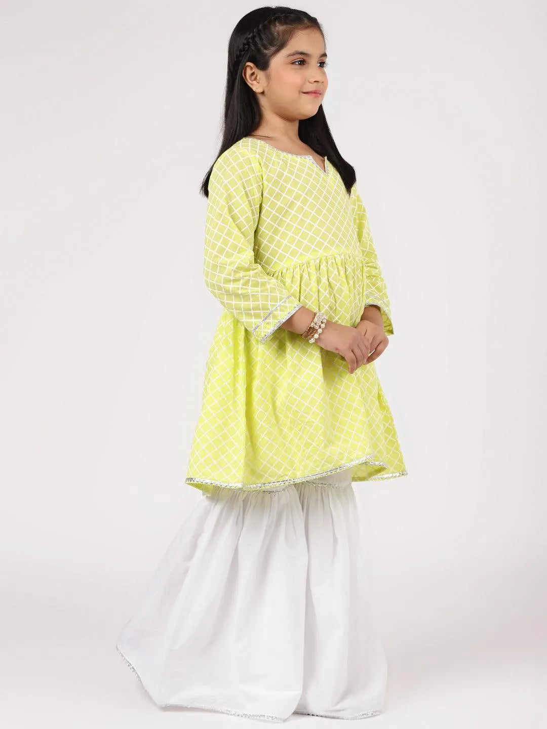 Lime Green Printed Cotton A-Line Suit Set - Libas