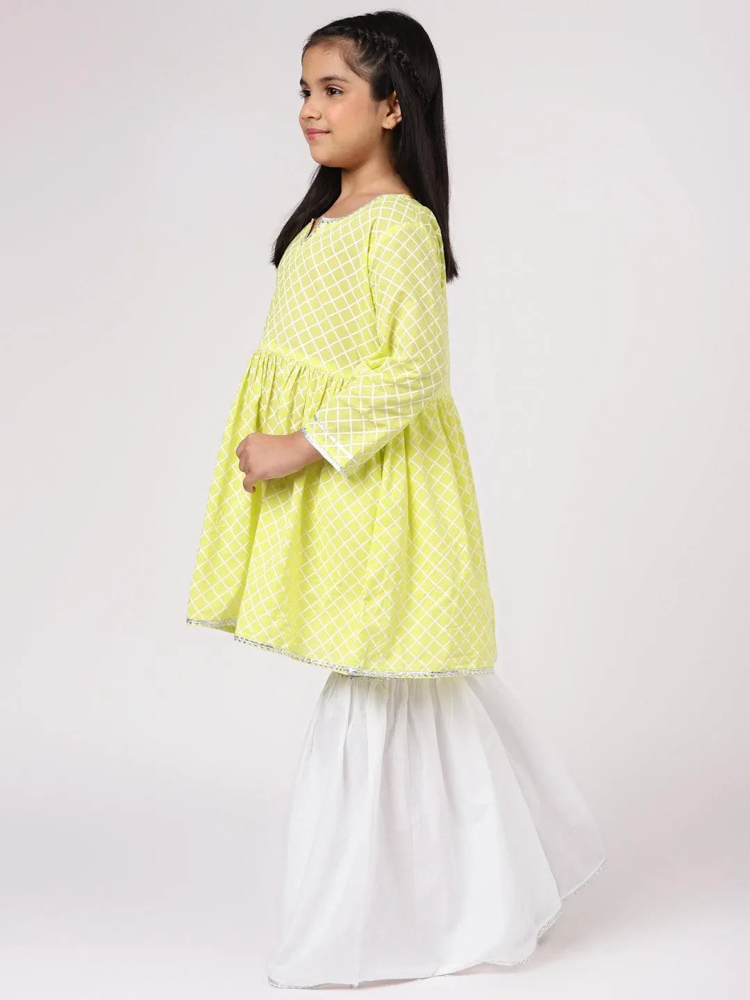 Lime Green Printed Cotton A-Line Suit Set - Libas 