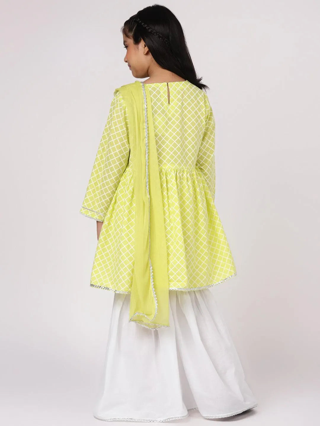 Lime Green Printed Cotton A-Line Suit Set - Libas 