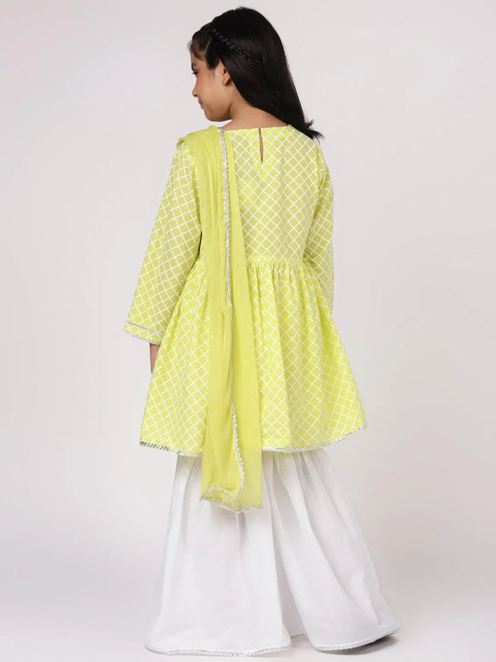 Lime Green Printed Cotton A-Line Suit Set - Libas