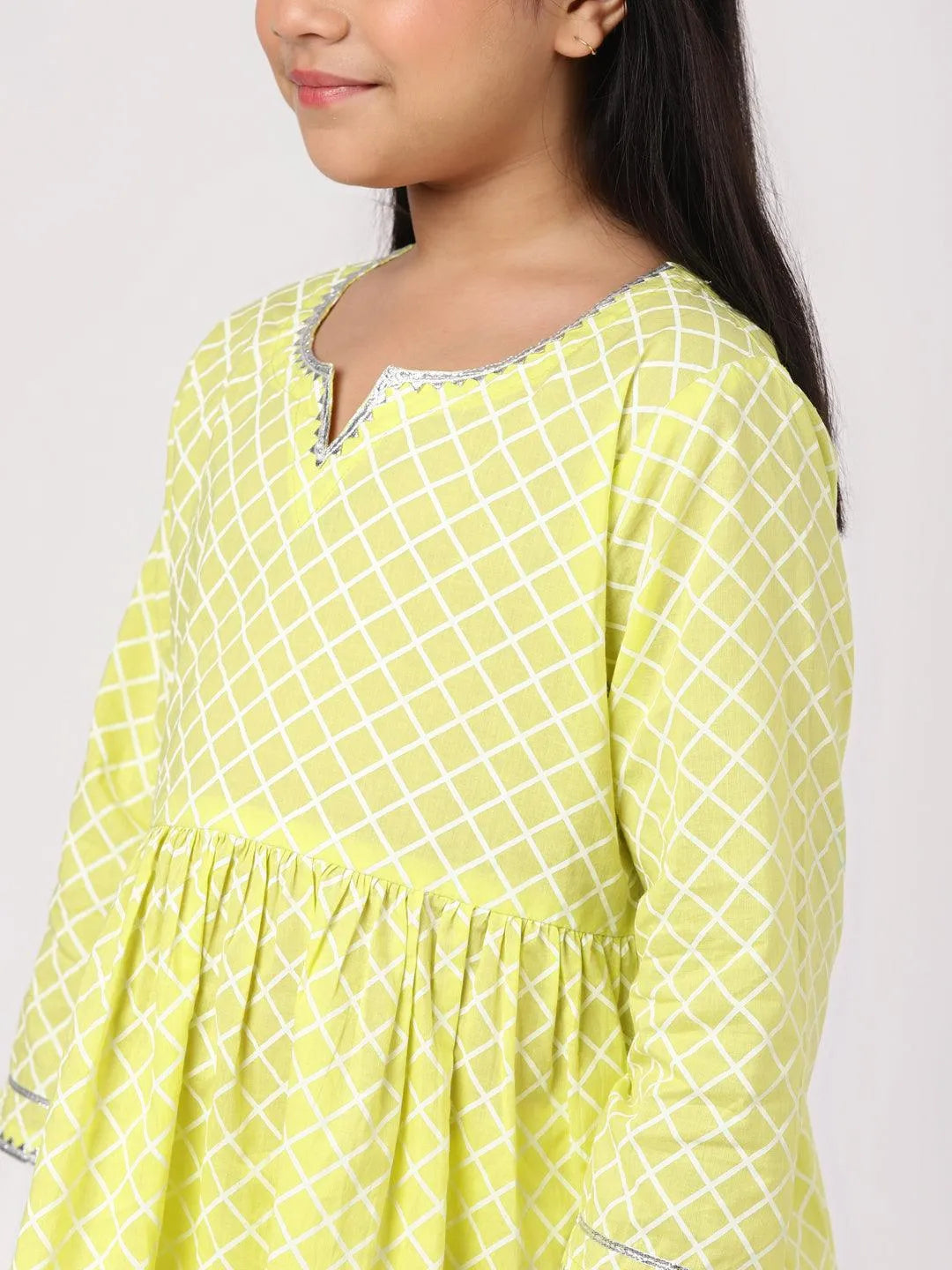 Lime Green Printed Cotton A-Line Suit Set - Libas 