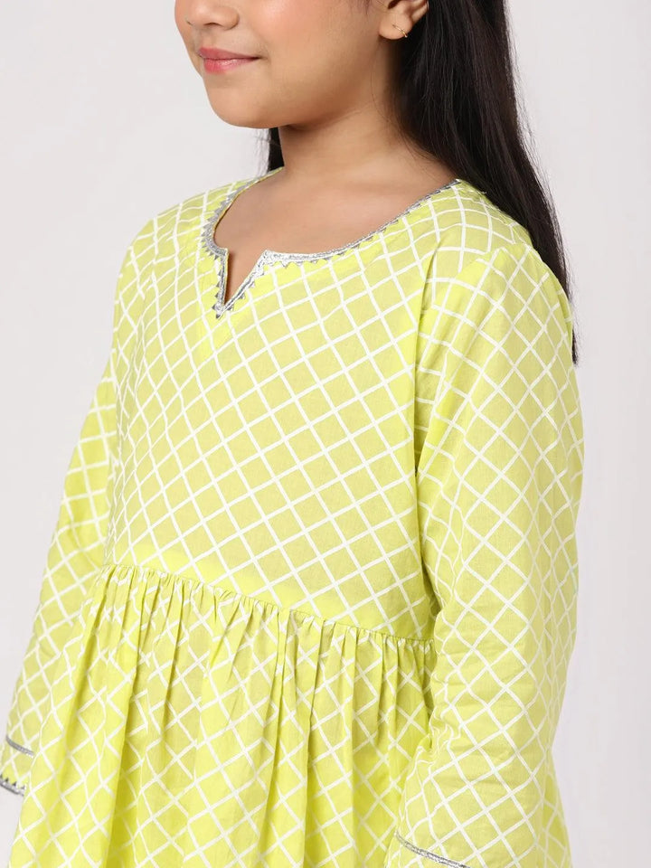 Lime Green Printed Cotton A-Line Suit Set - Libas