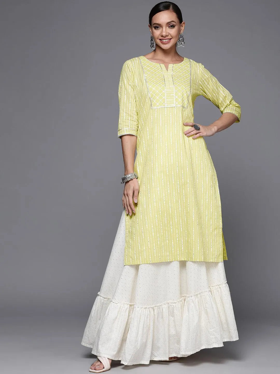 Lime Green Printed Cotton Straight Kurta - Libas