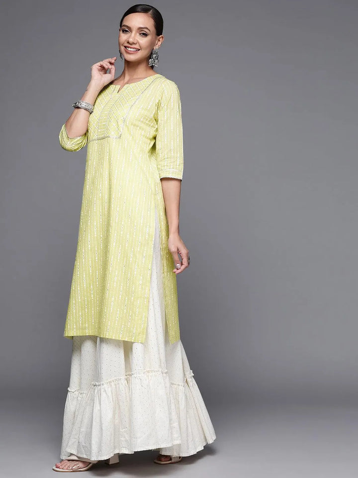 Lime Green Printed Cotton Straight Kurta - Libas