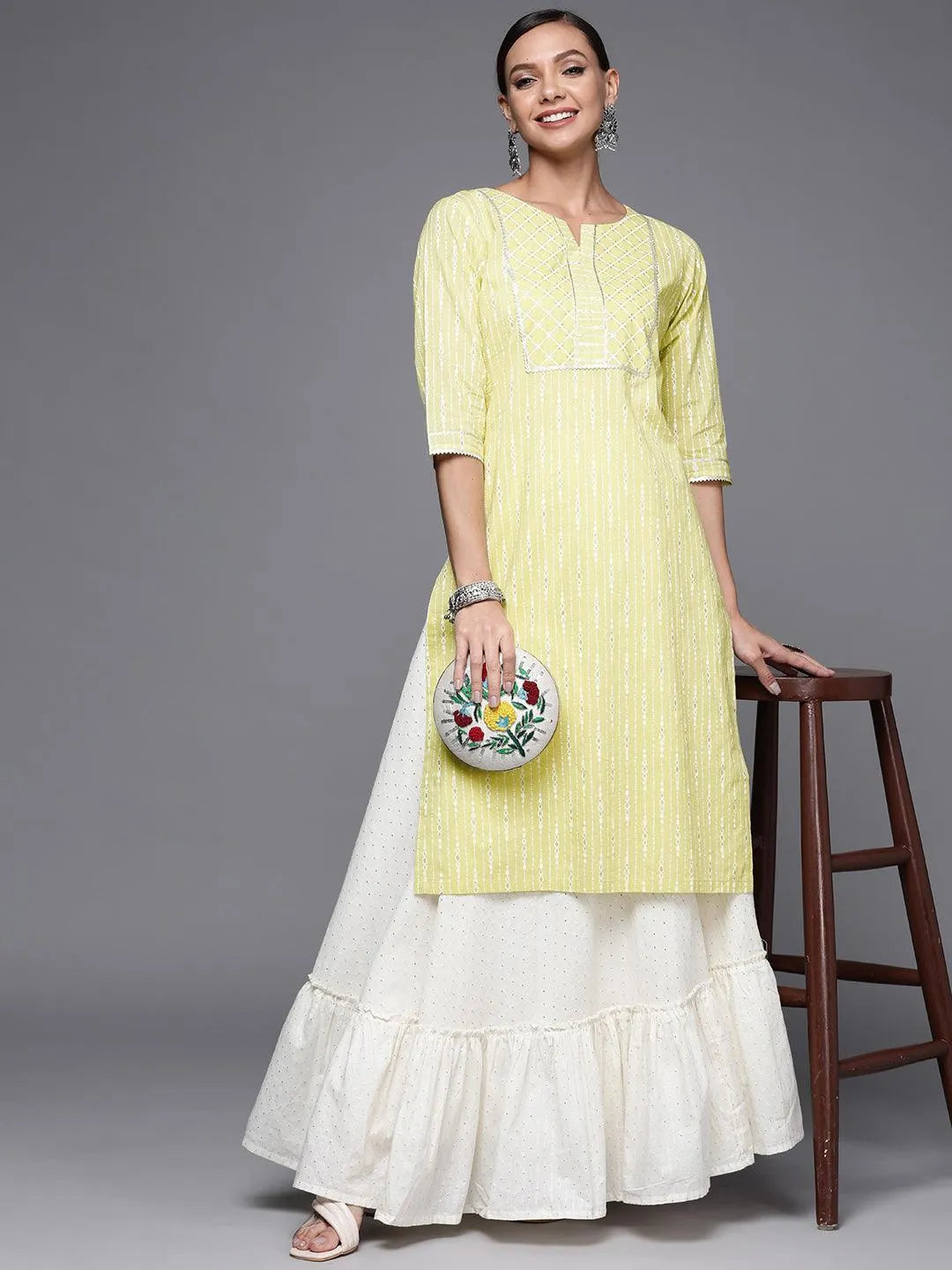 Lime Green Printed Cotton Straight Kurta - Libas