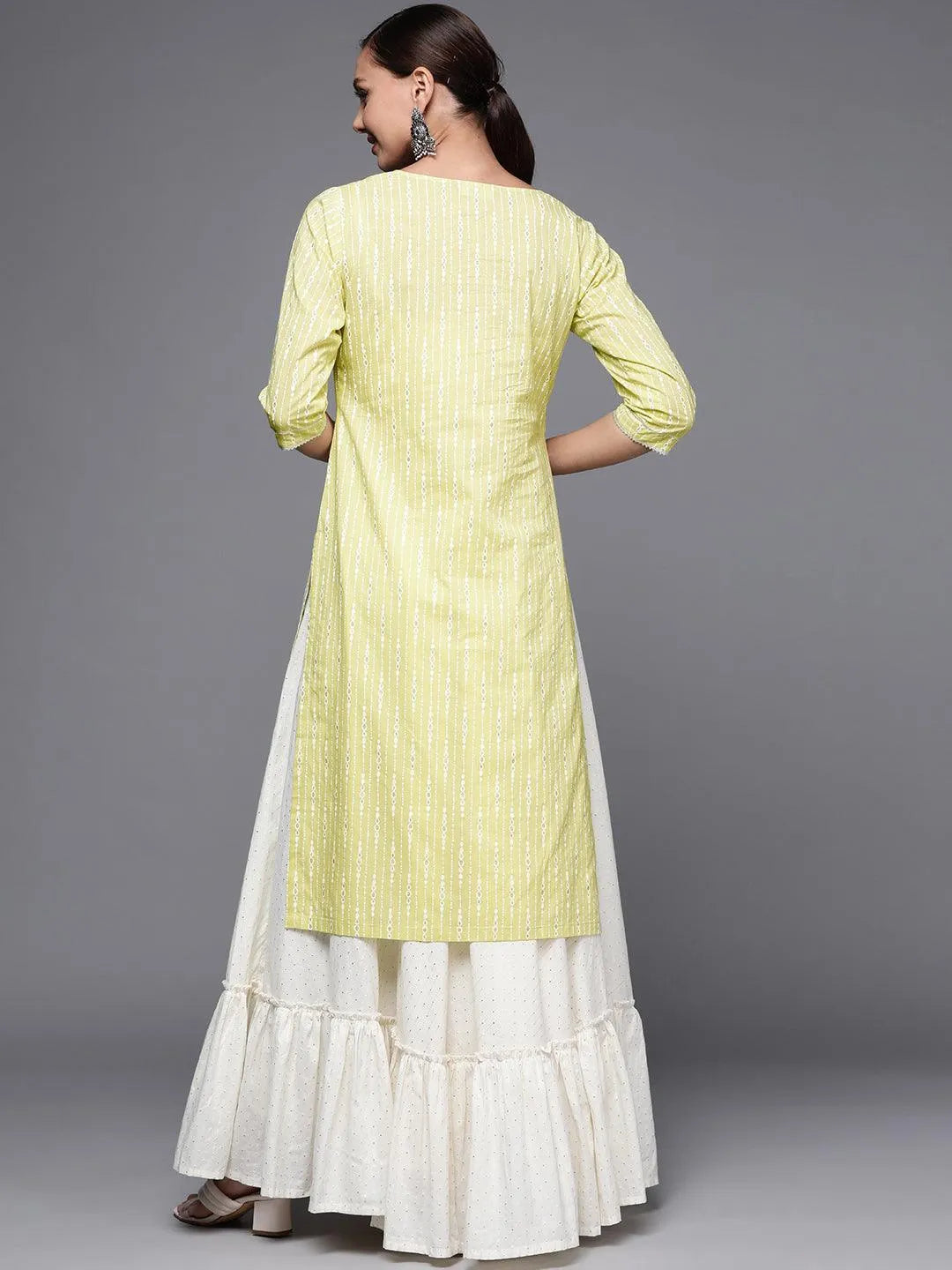 Lime Green Printed Cotton Straight Kurta - Libas