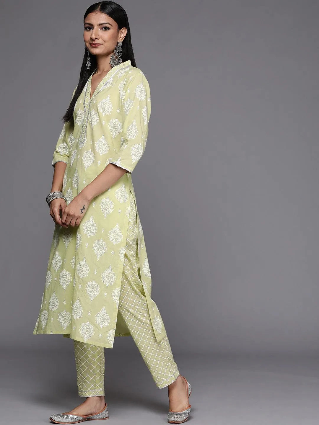 Lime Green Printed Cotton Straight Suit Set - Libas