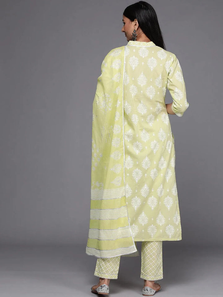 Lime Green Printed Cotton Straight Suit Set - Libas