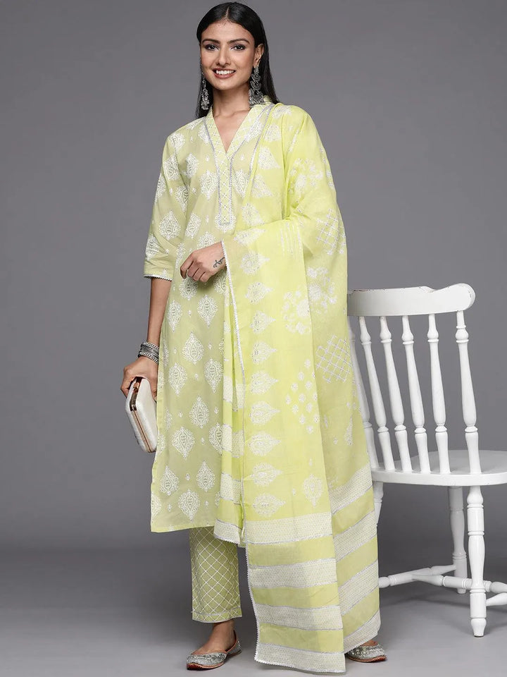 Lime Green Printed Cotton Straight Suit Set - Libas