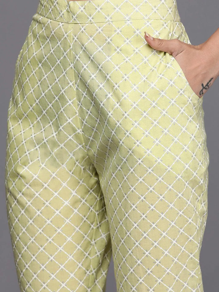 Lime Green Printed Cotton Straight Suit Set - Libas