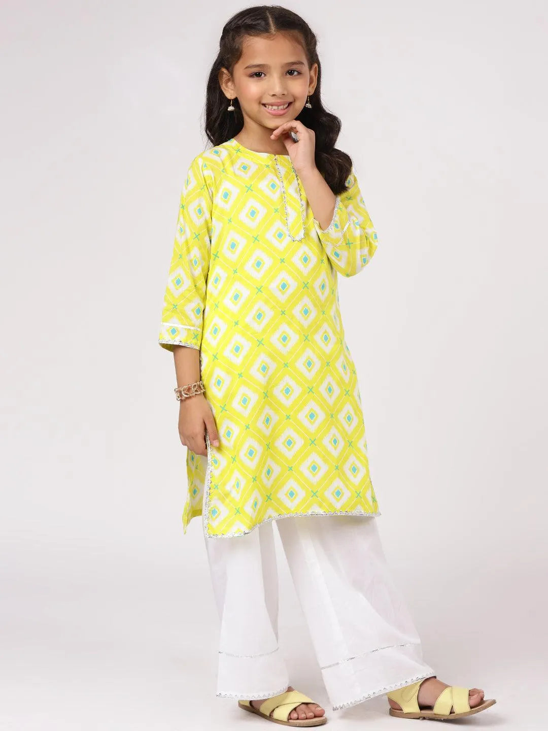 Lime Green Printed Cotton Kurta Set - Libas