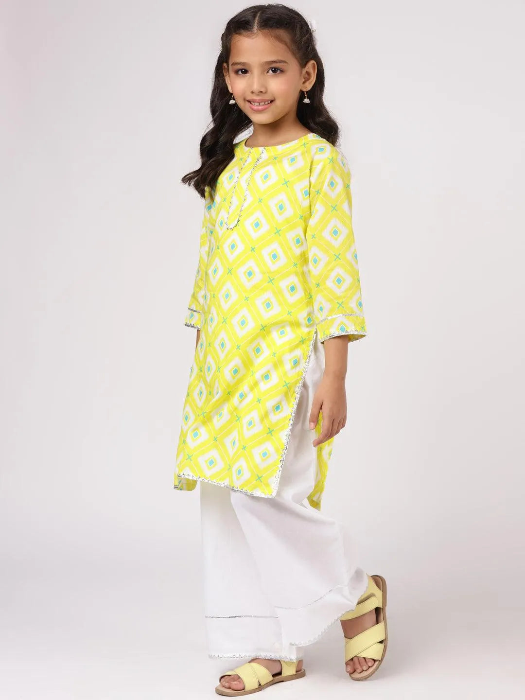 Lime Green Printed Cotton Kurta Set - Libas 