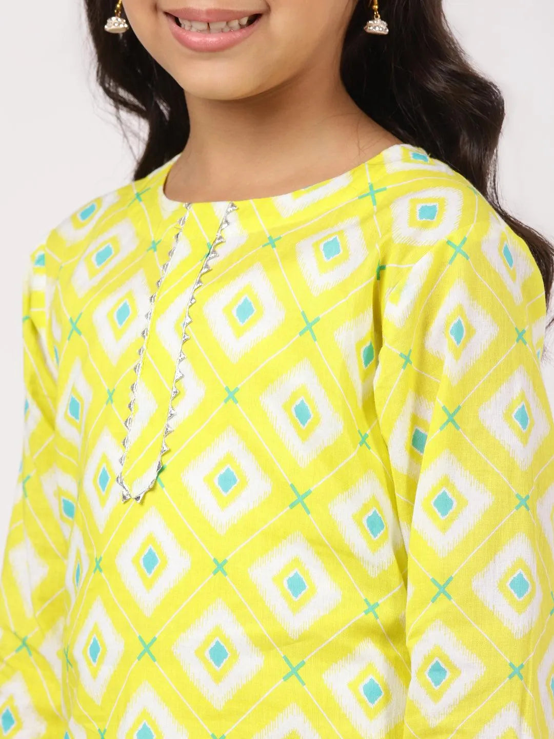 Lime Green Printed Cotton Kurta Set - Libas 