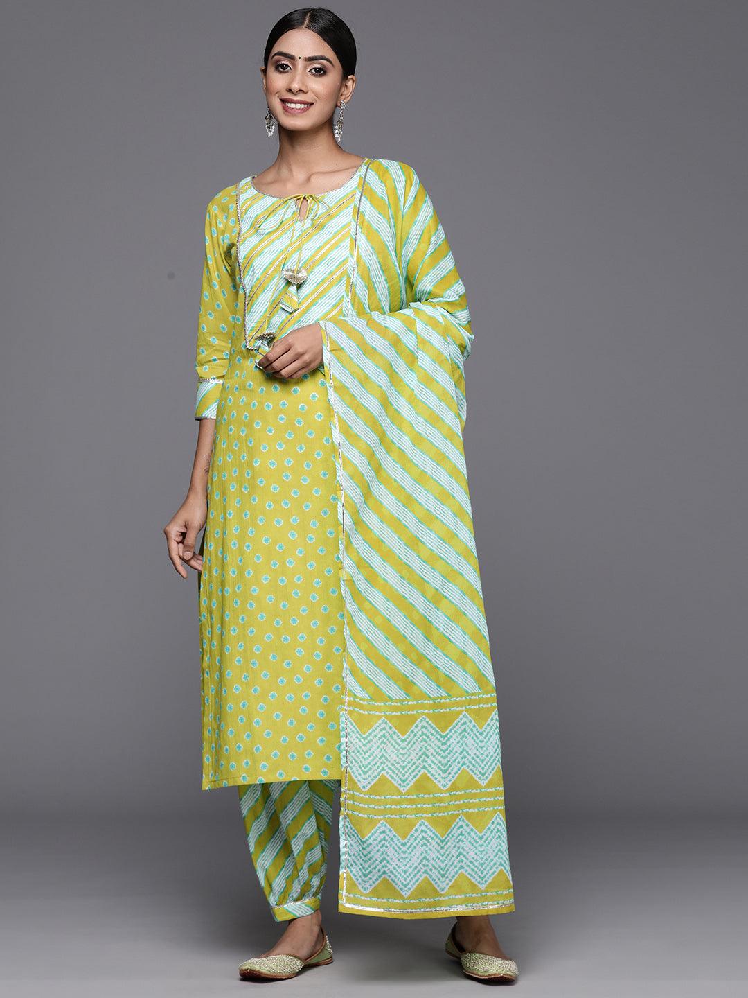 Lime Green Printed Cotton Straight Kurta With Salwar & Dupatta - Libas