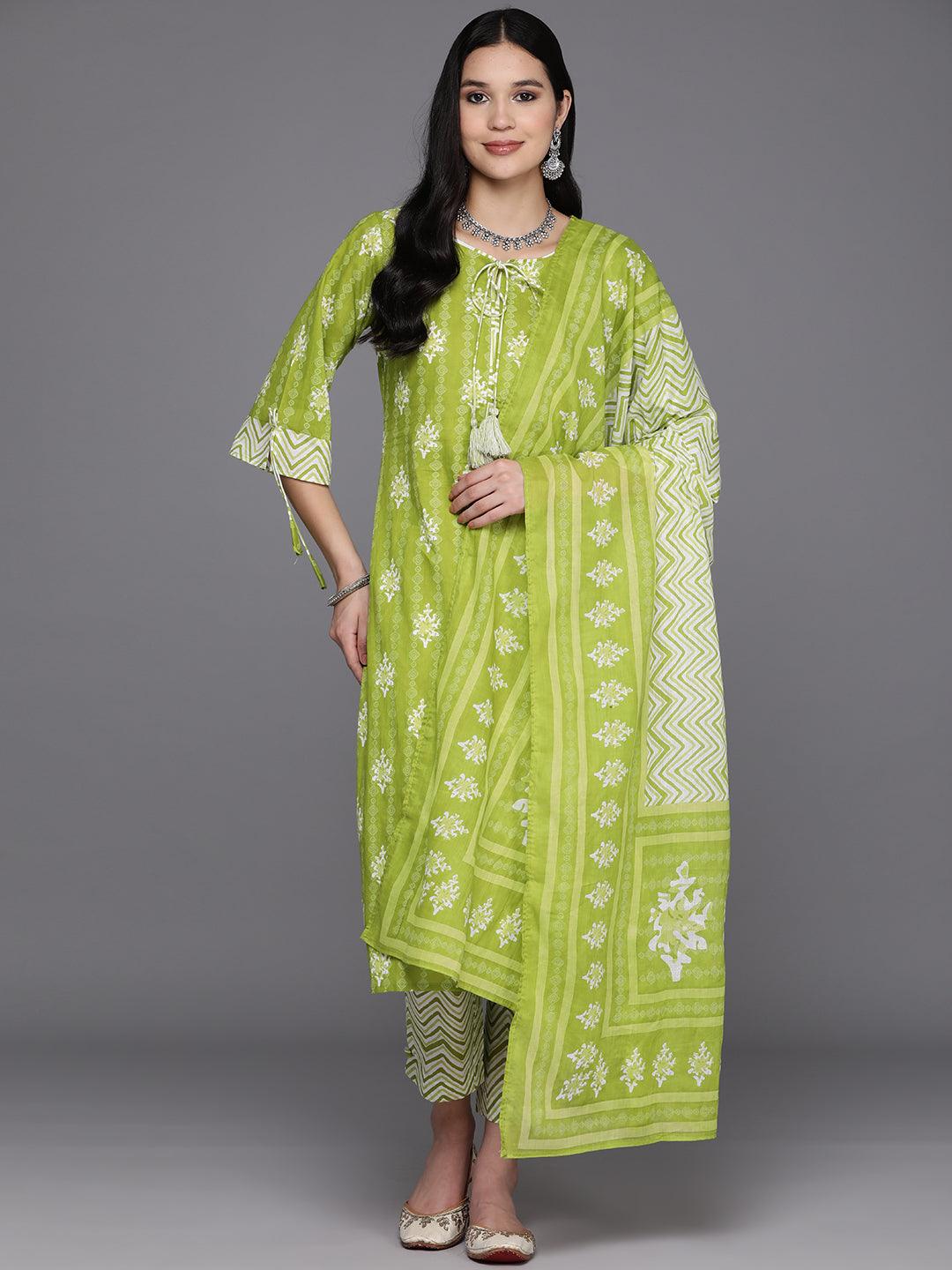 Lime Green Printed Cotton Straight Suit Set With Trousers - Libas 