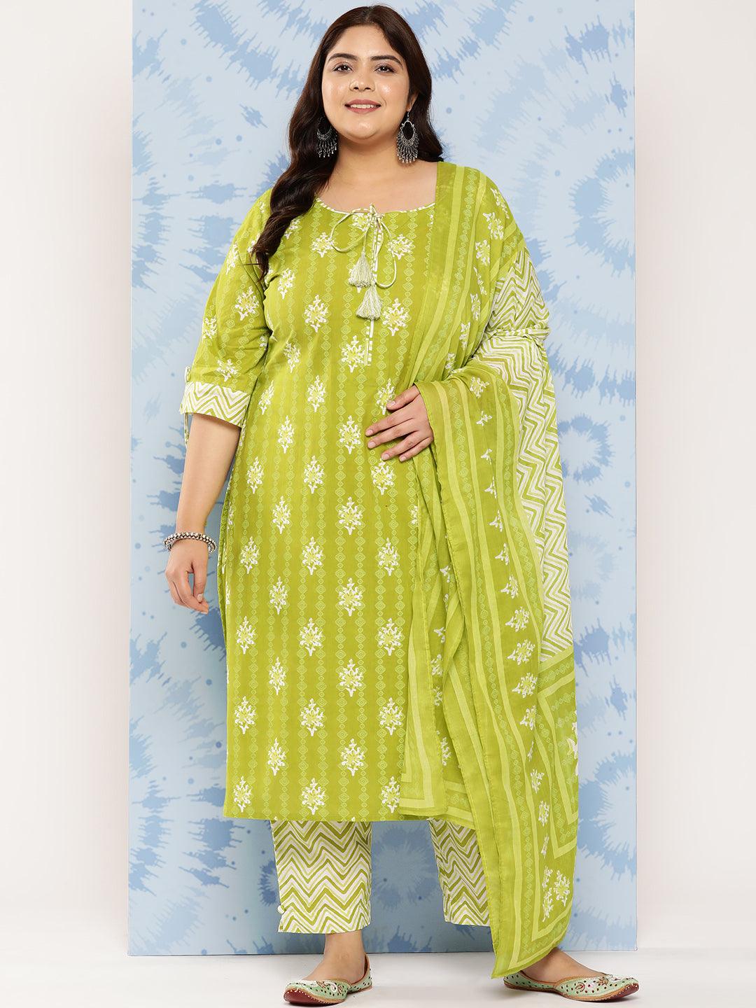 Lime Green Printed Cotton Straight Kurta With Trousers and Dupatta - Libas 