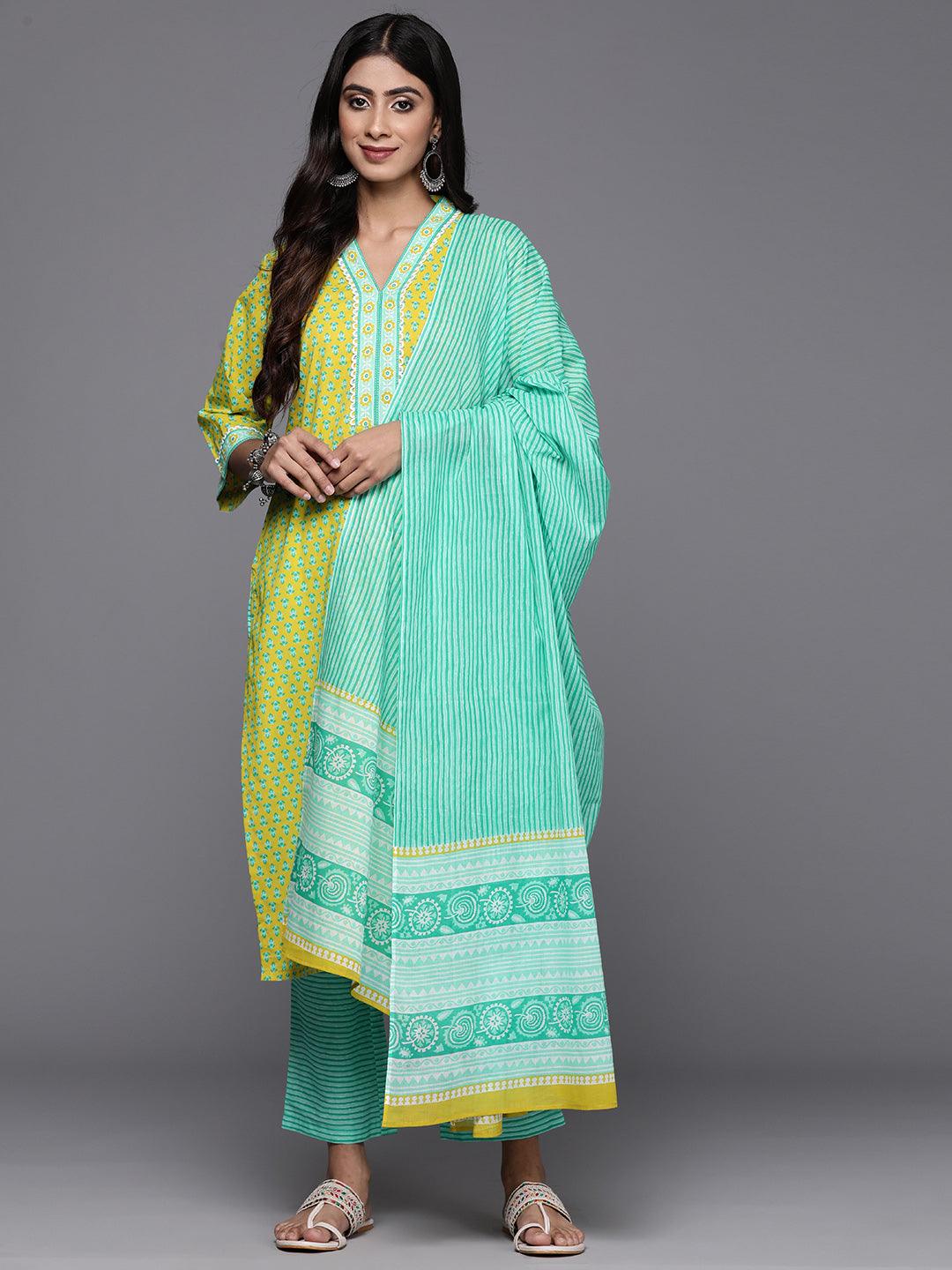 Lime Green Printed Cotton Straight Kurta With Trousers & Dupatta - Libas