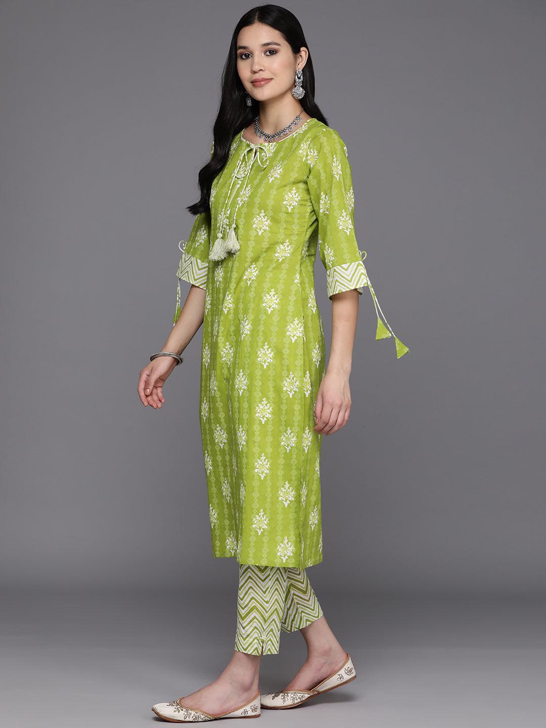 Lime Green Printed Cotton Straight Suit Set With Trousers - Libas